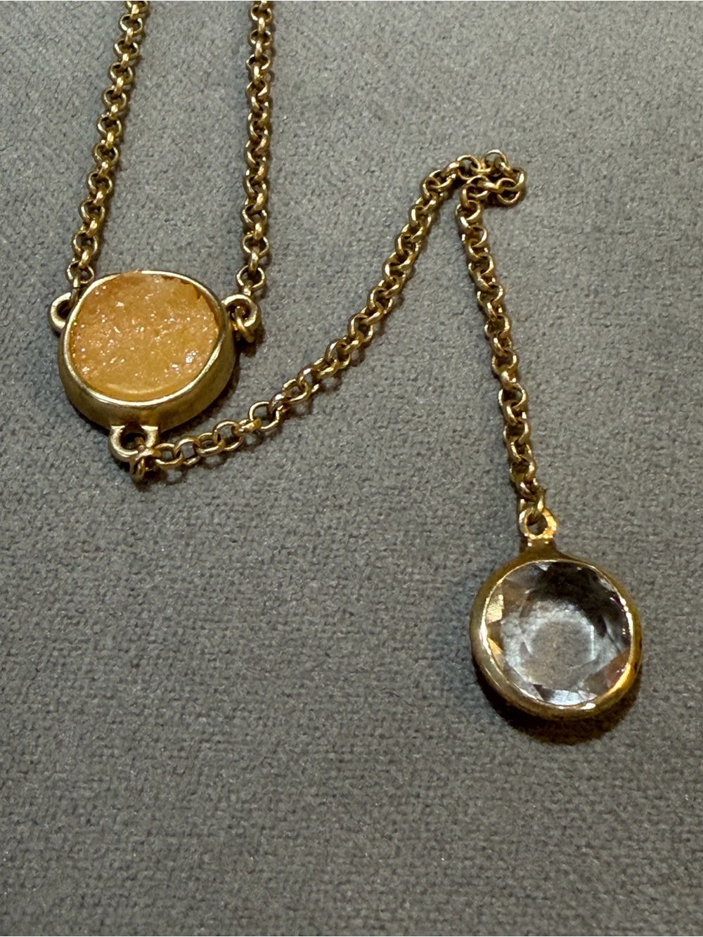 Gold Tone Dual Pendant Necklace with Amber Druzy and Clear Crystal
